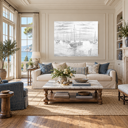 Harbour of Dreams sailboat dot painting in a wide view of a luxurious coastal living room with ivory panelling and a linen sofa.