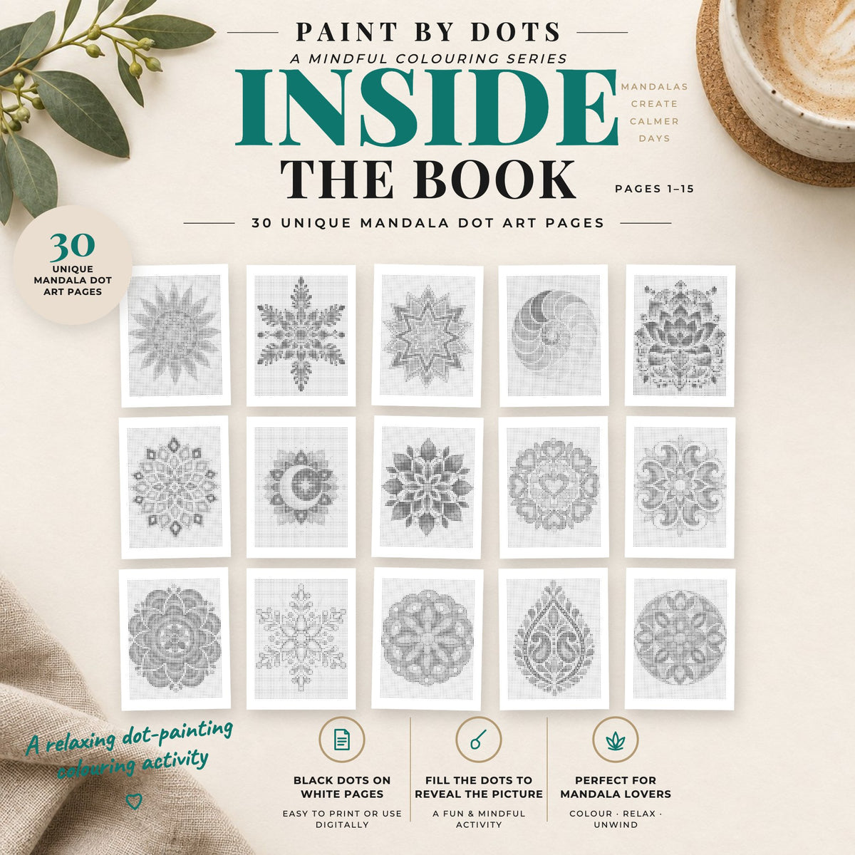 Preview of Mandala printable dot painting designs, pages 1 to 15