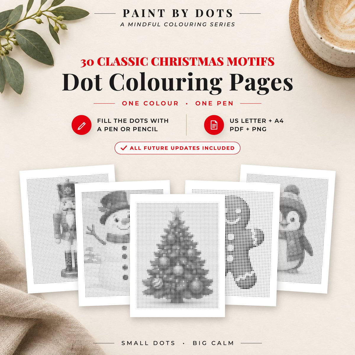 Easy Christmas dot colouring pages cover with 30 printable dot painting designs
