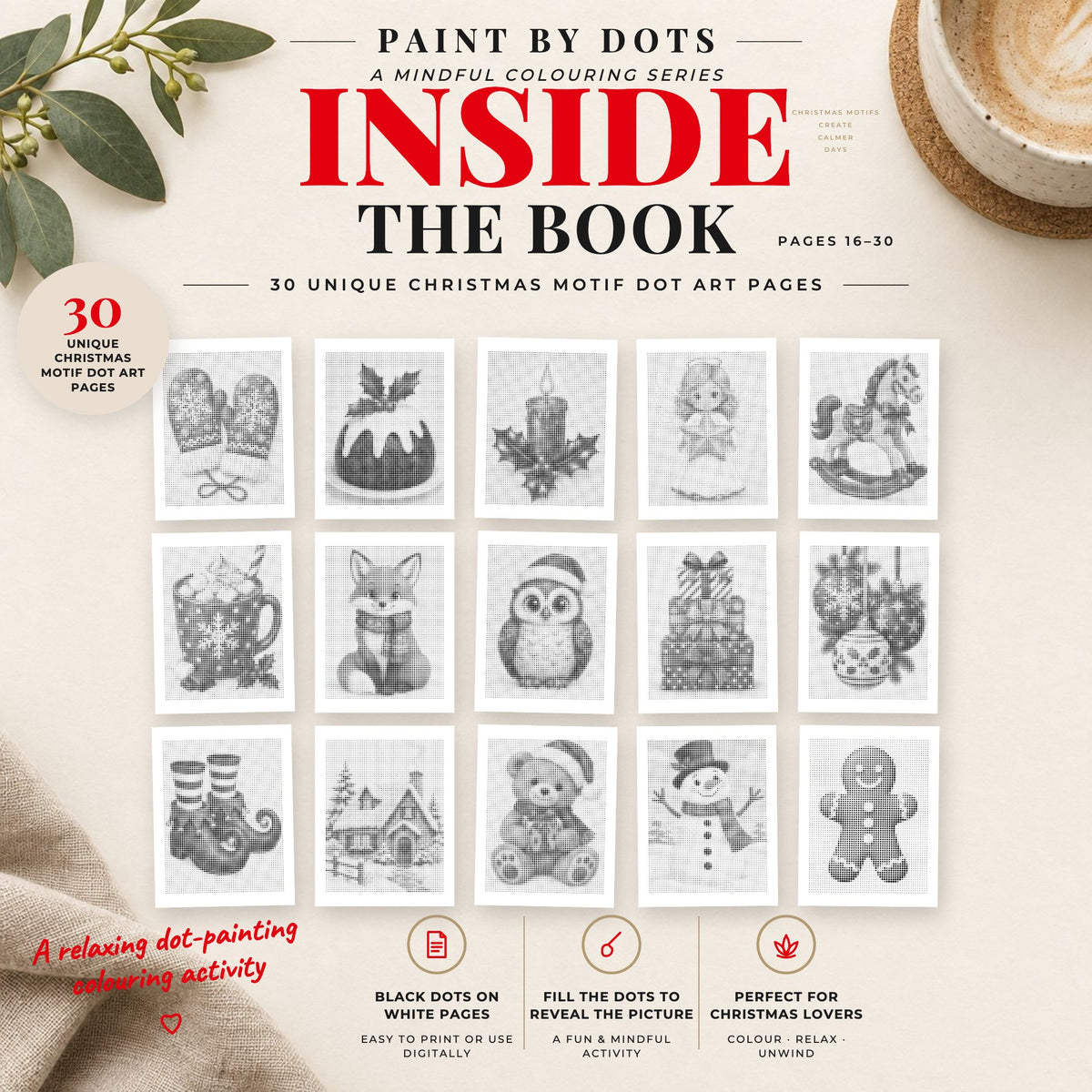 Preview of Easy Christmas printable dot painting designs, pages 16 to 30