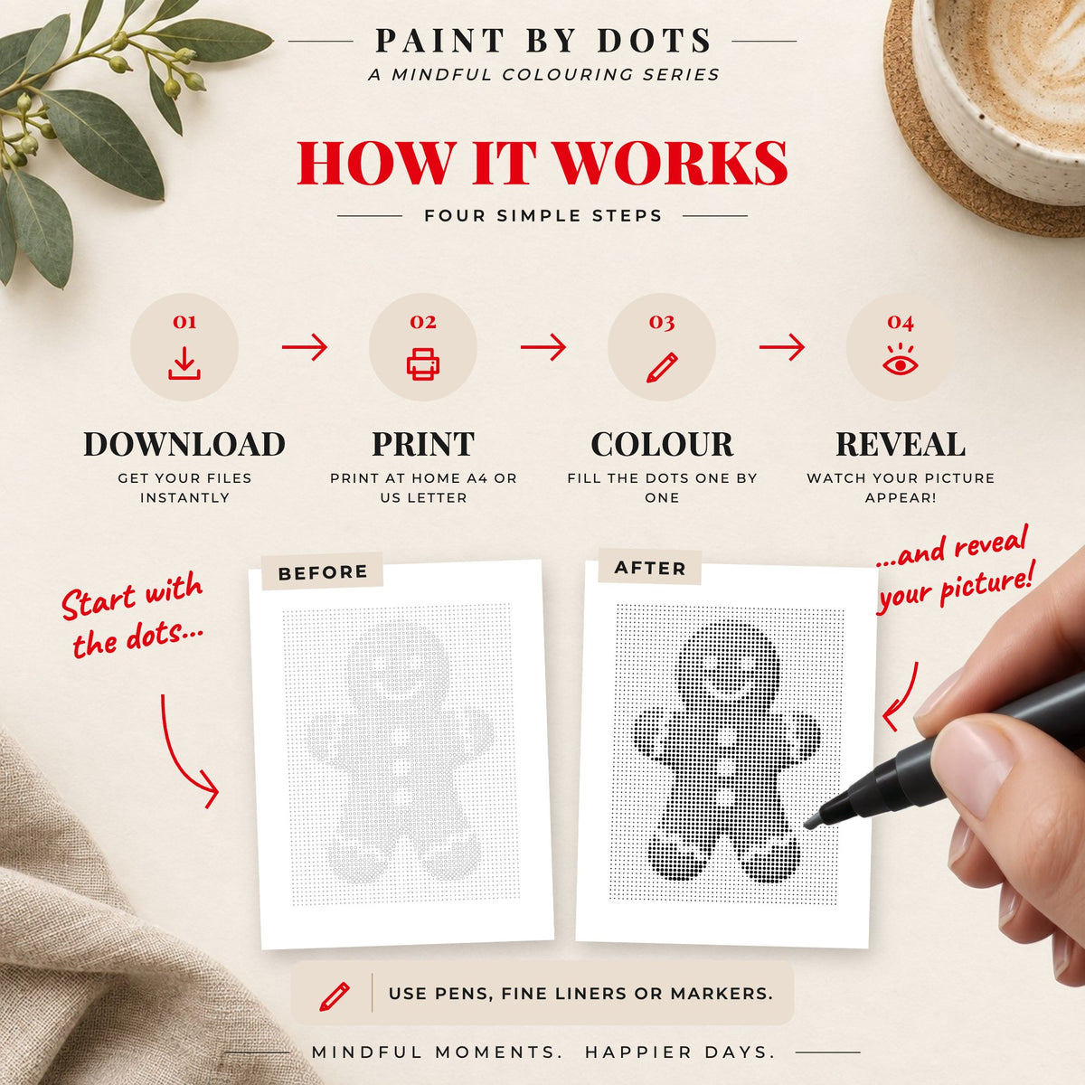 How to download, print and fill the circles in the Easy Christmas dot painting book
