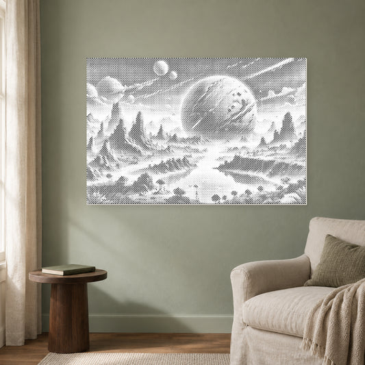 Abstract planet dot-painting canvas on a sage-green wall beside a linen armchair, lit by a window on the left.