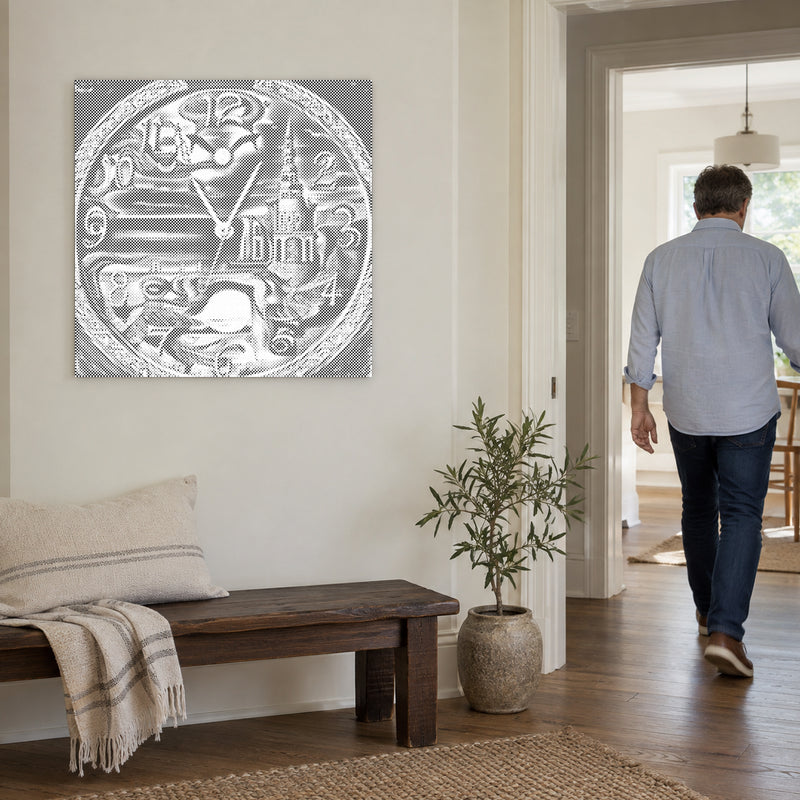 Dot-painting canvas “Abstract Wall Clock”, on a light wall with a person walking through the doorway nearby.