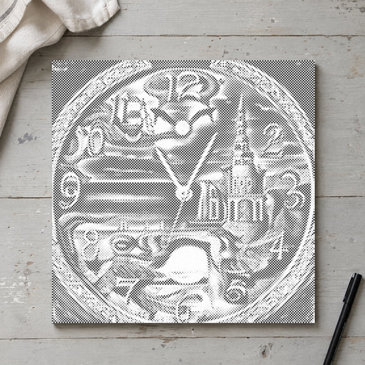 Dot-painting canvas “Abstract Wall Clock”, seen from above on a worktable in soft daylight.