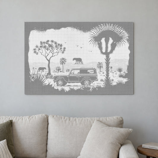 Dot-painting canvas “Adventure in the Wilderness”, displayed on a light wall in a softly lit room.