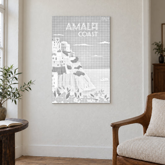 Dot-painting canvas “Amalfi Coast”, displayed on a light wall in a softly lit room.