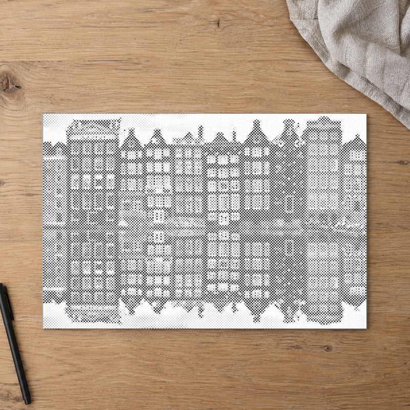 Dot-painting canvas “Amsterdam Houses”, seen from above on a worktable in soft daylight.