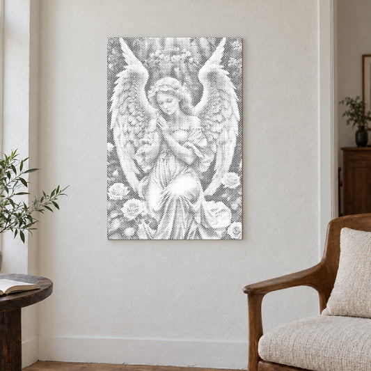 Dot-painting canvas “Angel with Delicate Roses”, on an ivory wall beside a wooden chair.