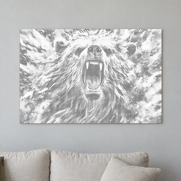 Dot-painting canvas “Angry Bear”, displayed on a light wall in a softly lit room.