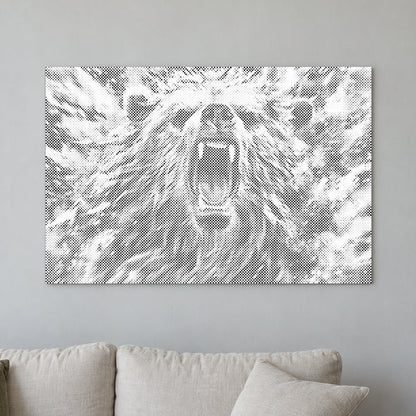 Dot-painting canvas “Angry Bear”, displayed on a light wall in a softly lit room.