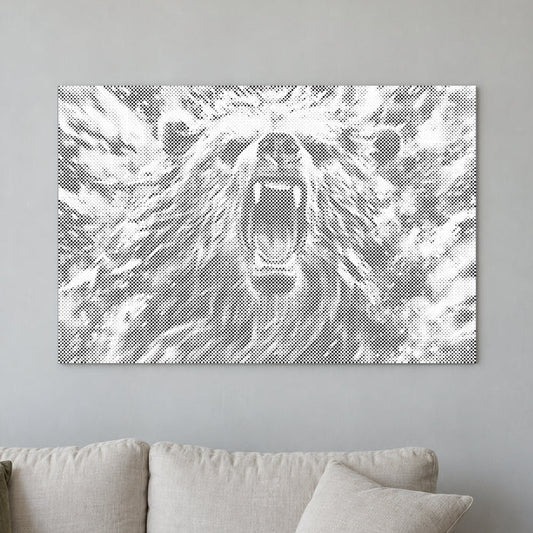 Dot-painting canvas “Angry Bear”, displayed on a light wall in a softly lit room.