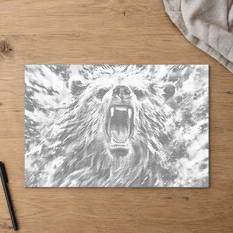 Dot-painting canvas “Angry Bear”, seen from above on a worktable in soft daylight.