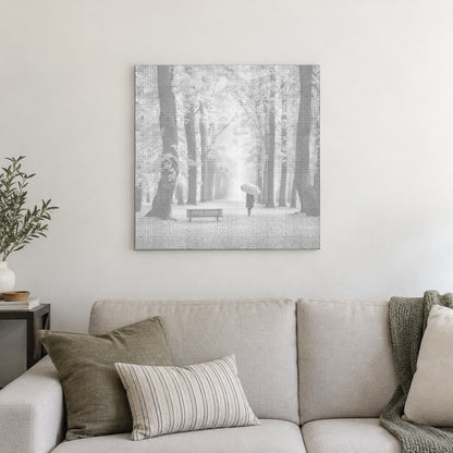 Dot-painting canvas “Autumn Forest”, displayed on a light wall in a softly lit room.