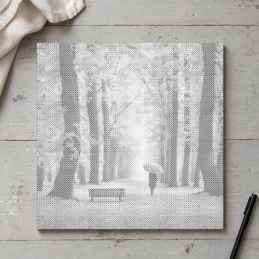 Dot-painting canvas “Autumn Forest”, seen from above on a worktable in soft daylight.