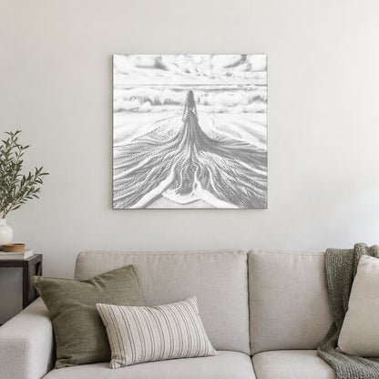 Dot-painting canvas “Between Sky and Sea”, displayed on a light wall in a softly lit room.