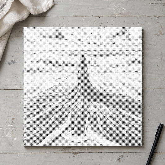 Dot-painting canvas “Between Sky and Sea”, seen from above on a worktable in soft daylight.