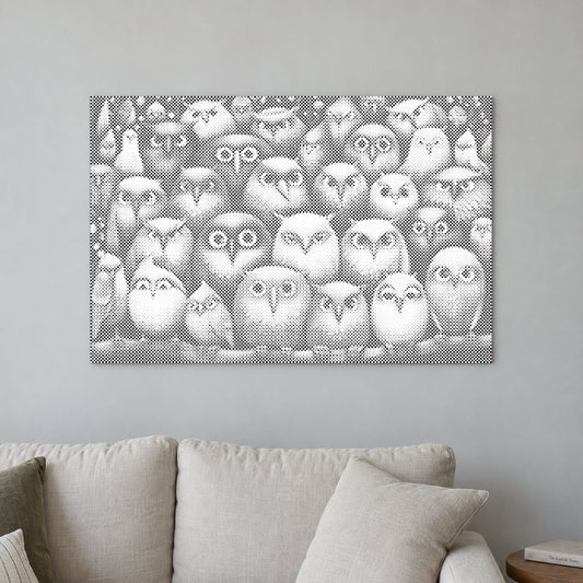 Dot-painting canvas “Birds Birds Birds”, displayed on a light wall in a softly lit room.