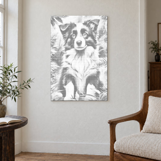 Dot-painting canvas “Border Collie Puppy”, displayed on a light wall in a softly lit room.