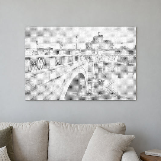 Dot-painting canvas “Castel Sant Angelo Rome”, displayed on a light wall in a softly lit room.