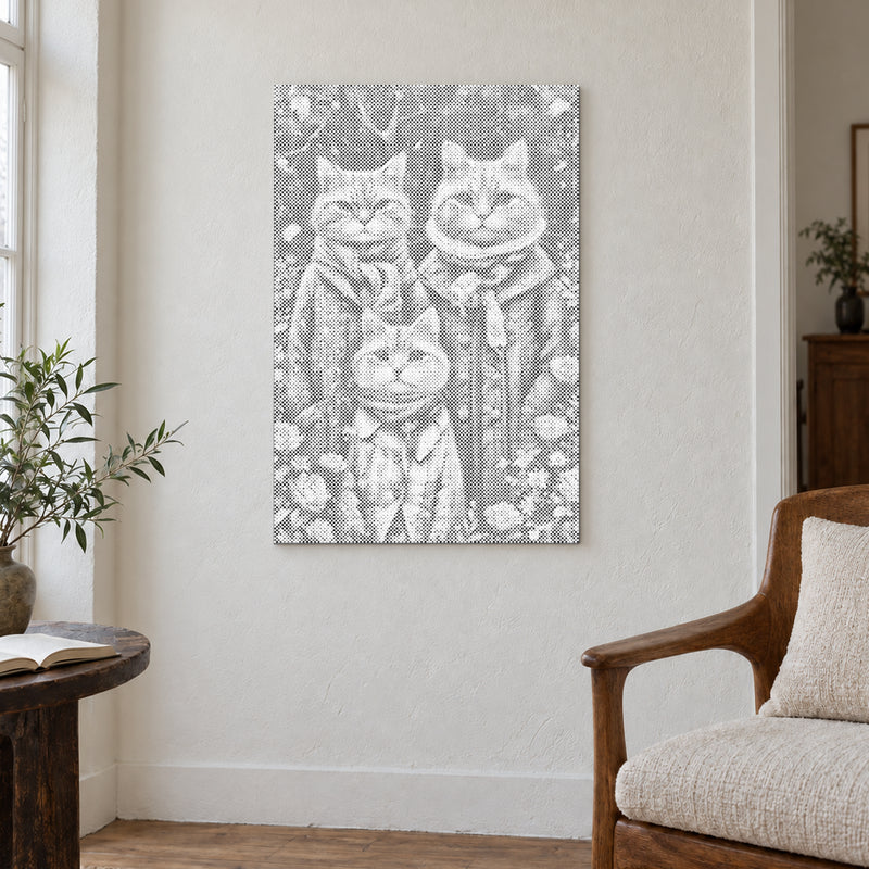 Dot-painting canvas “Cat Family”, displayed on a light wall in a softly lit room.