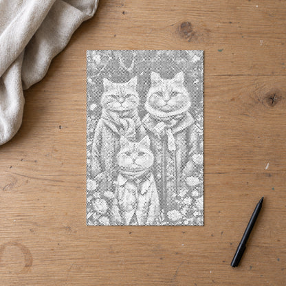 Dot-painting canvas “Cat Family”, seen from above on a worktable in soft daylight.