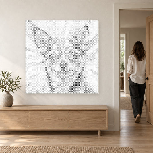 Chihuahua dot-painting canvas above an oak console, with a person walking out through the doorway.