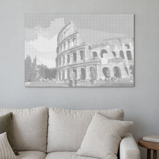 Dot-painting canvas “Colosseum Rome”, displayed on a light wall in a softly lit room.