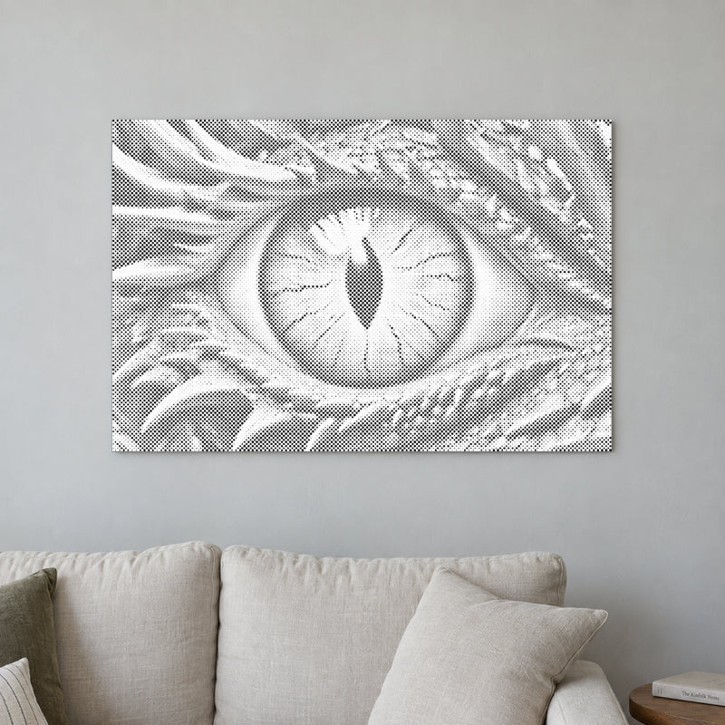 Dot-painting canvas “Dragon Eye”, displayed on a light wall in a softly lit room.