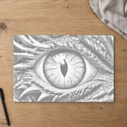 Dot-painting canvas “Dragon Eye”, seen from above on a worktable in soft daylight.