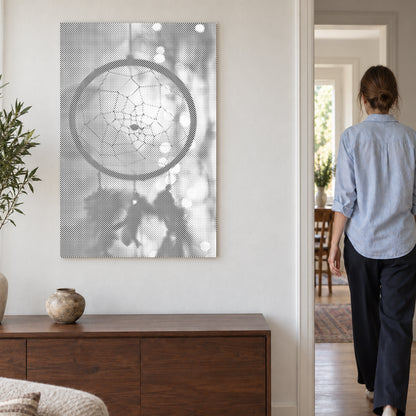 Dot-painting canvas “Dreamcatcher Classic”, on a light wall with a person walking through the doorway nearby.