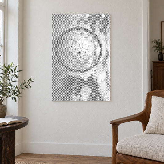 Dot-painting canvas “Dreamcatcher Classic”, displayed on a light wall in a softly lit room.