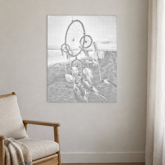 Dot-painting canvas “Dreamcatcher in the Wind”, displayed on a light wall in a softly lit room.