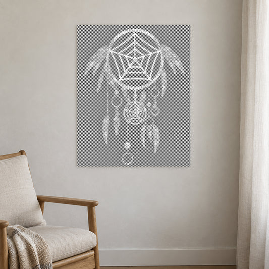 Dot-painting canvas “Dreamcatcher”, displayed on a light wall in a softly lit room.
