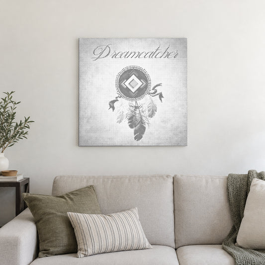 Dot-painting canvas “Dreamcatcher with Feathers”, displayed on a light wall in a softly lit room.