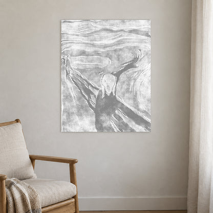 Dot-painting canvas “Edvard Munch The Scream”, displayed on a light wall in a softly lit room.