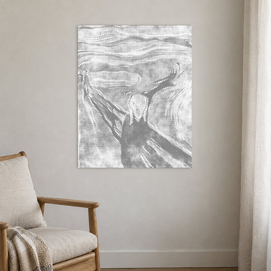 Dot-painting canvas “Edvard Munch The Scream”, displayed on a light wall in a softly lit room.
