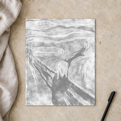 Dot-painting canvas “Edvard Munch The Scream”, seen from above on a worktable in soft daylight.