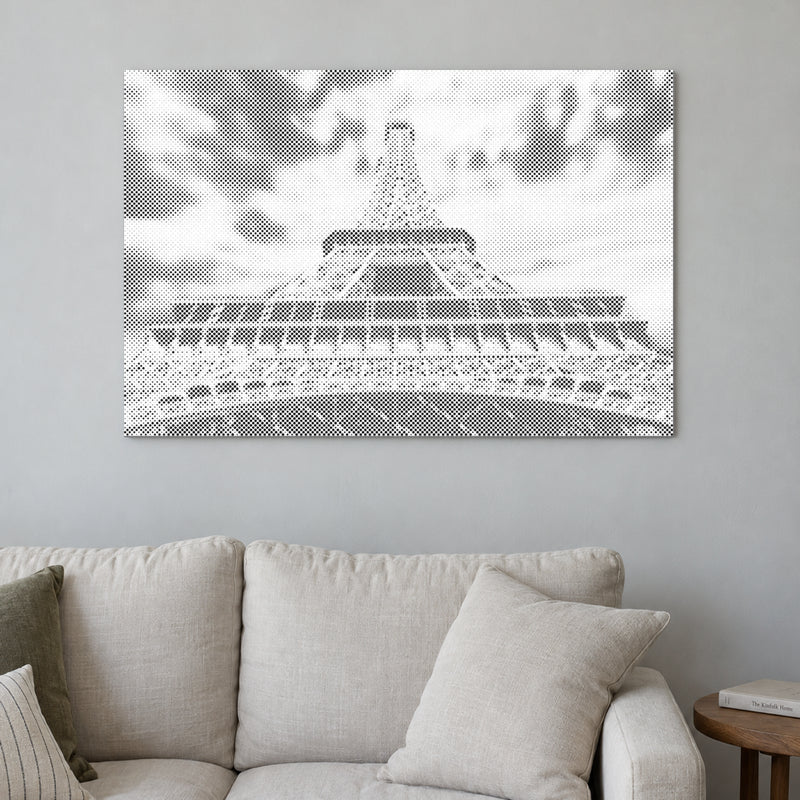 Dot-painting canvas “Eiffel Tower”, displayed on a light wall in a softly lit room.