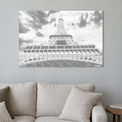 Dot-painting canvas “Eiffel Tower”, displayed on a light wall in a softly lit room.