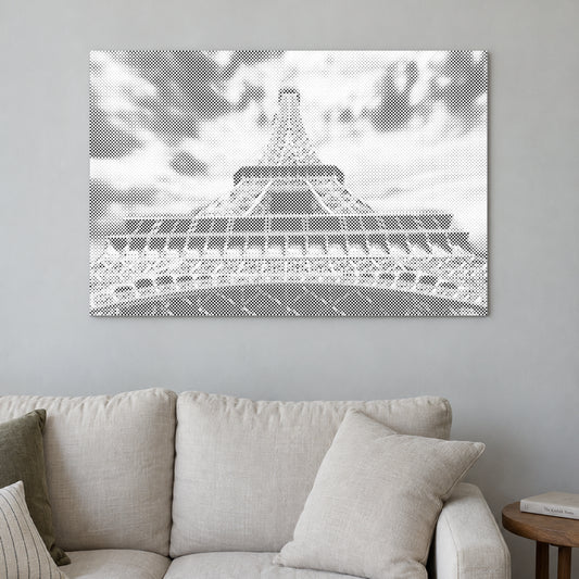 Dot-painting canvas “Eiffel Tower”, displayed on a light wall in a softly lit room.
