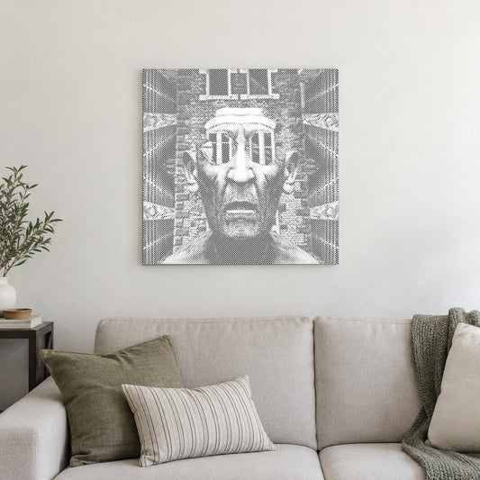 Dot-painting canvas “Fearsome Man”, displayed on a light wall in a softly lit room.