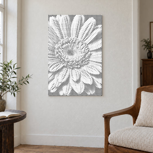 Dot-painting canvas “Gerbera Flower”, displayed on a light wall in a softly lit room.