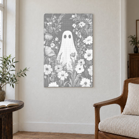 Dot-painting canvas “Ghost in the Flower Field”, displayed on a light wall in a softly lit room.