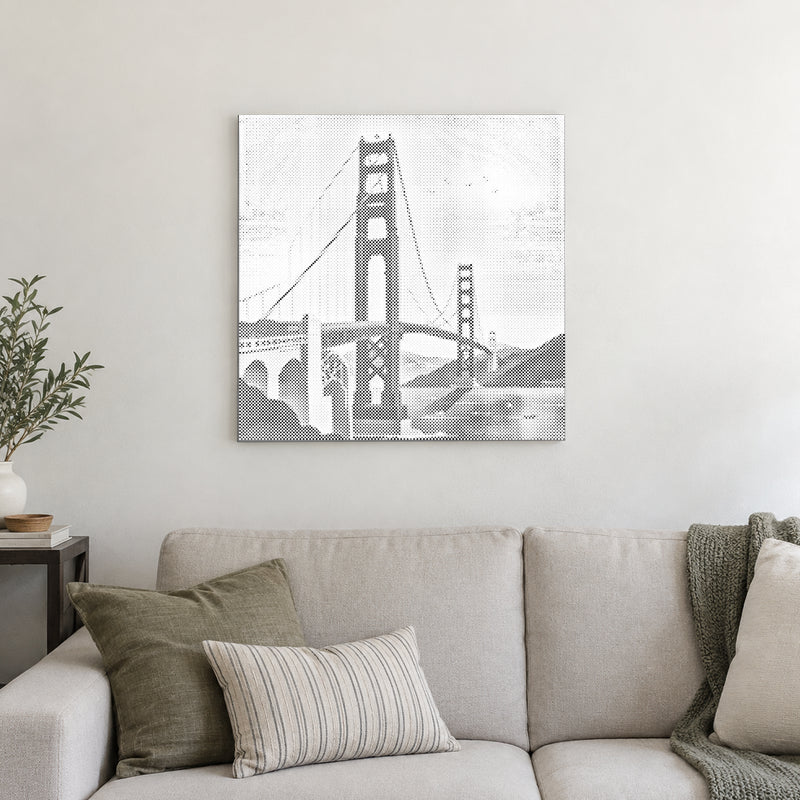 Dot-painting canvas “Golden Gate Bridge”, displayed on a light wall in a softly lit room.