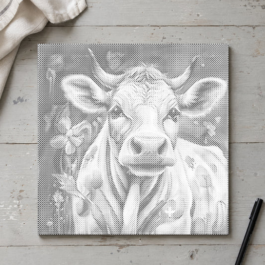 Dot-painting canvas “Happy Cow”, seen from above on a worktable in soft daylight.