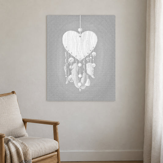 Dot-painting canvas “Heart Shaped Dreamcatcher”, displayed on a light wall in a softly lit room.