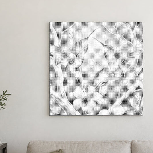Dot-painting canvas “Hummingbirds Among Flowers”, displayed on a light wall in a softly lit room.