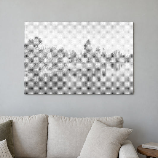 Dot-painting canvas “Hyde Park London”, displayed on a light wall in a softly lit room.