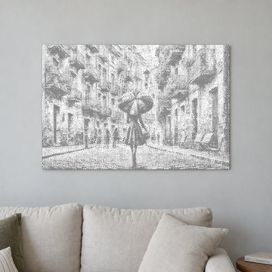 Dot-painting canvas “In the Rain”, displayed on a light wall in a softly lit room.