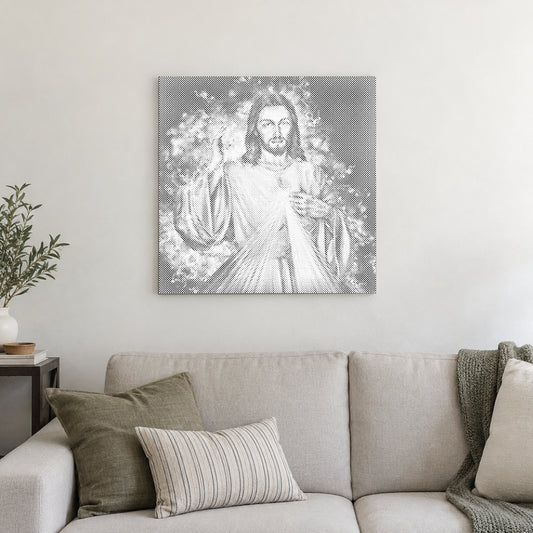 Dot-painting canvas “Jesus: The Sequel”, displayed on a light wall in a softly lit room.